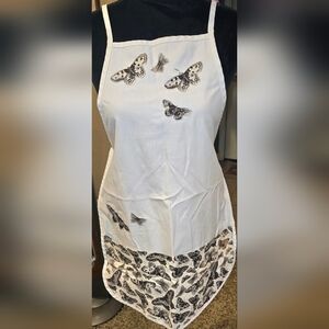 Vintage White Black Bib Apron Applique Butterflies Accents Large Pockets One Sz
